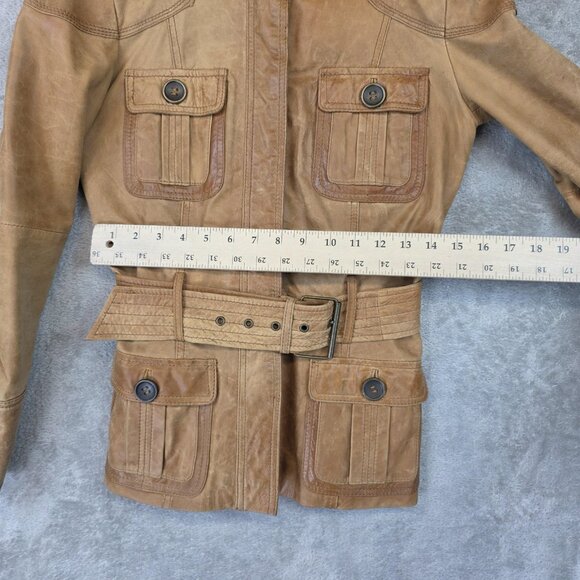 Zara Basic Jacket Womens Small Brown Leather Belted Safari Military Snap Pockets - Picture 12 of 13